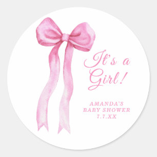 Pink Bow It's a girl Baby shower Classic Round Sticker