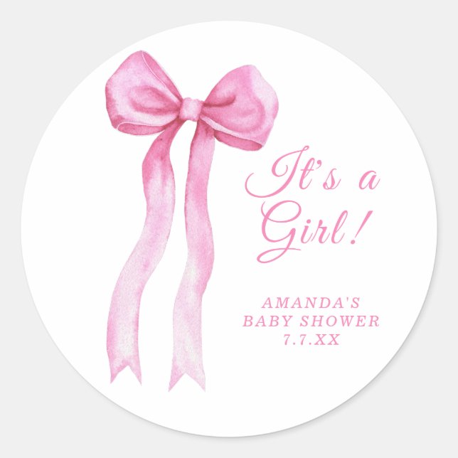 Pink Bow It's a girl Baby shower Classic Round Sticker (Front)