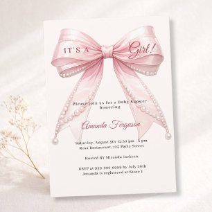 Pink bow ivory it's a girl pearls Baby Shower Invitation