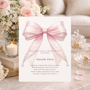 Pink bow ivory pearls Bridal Shower invitation