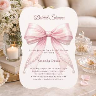 Pink bow ivory pearls elegant Bridal Shower Invitation