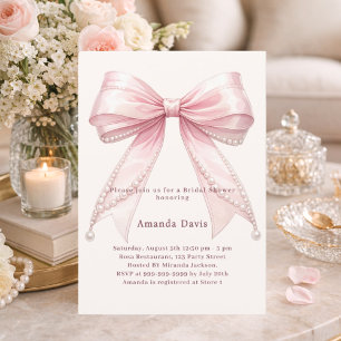 Pink bow ivory pearls elegant Bridal Shower Invitation
