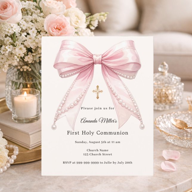Pink bow ivory pearls First Communion invitation (Creator Uploaded)