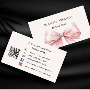 Pink bow ivory qr code social media business card