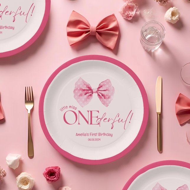 Pink bow Little Miss Onederful 1st Birthday   Paper Plate (Creator Uploaded)