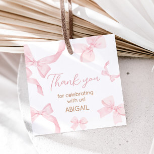 Pink Bow Little Miss Photo Birthday Party Square Favour Tags