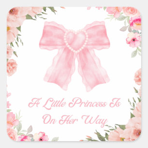 pink bow,little princess, girl baby shower floral  square sticker