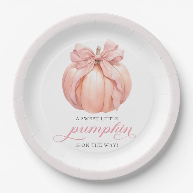 Pink Bow Little Pumpkin Baby Shower Paper Plates (Front)