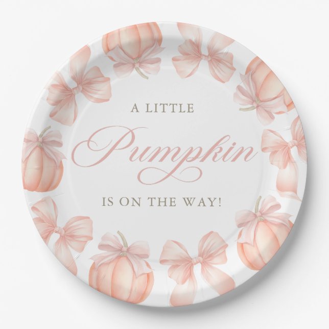 Pink Bow Little Pumpkin Baby Shower Paper Plates (Front)