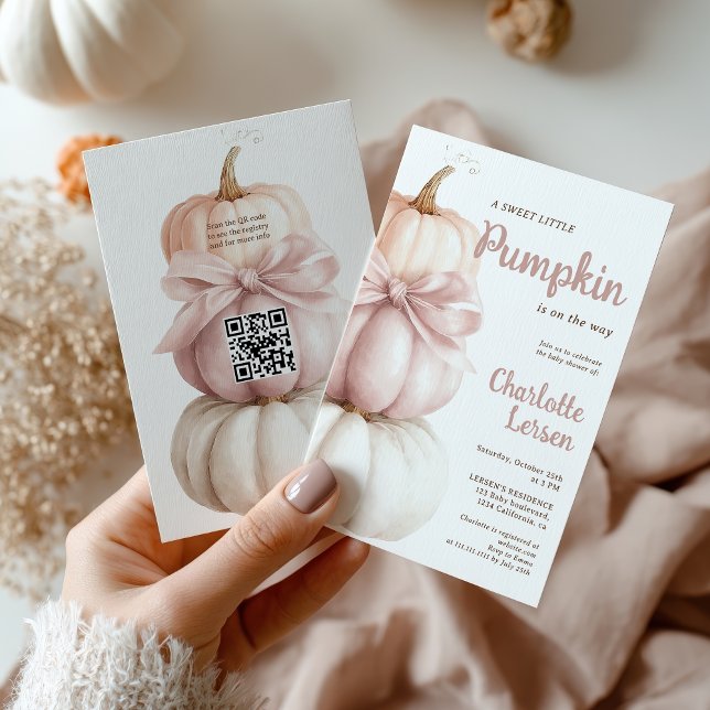 Pink Bow Little Pumpkin Girl Baby Shower QR Code  Invitation (Pink Bow Little Pumpkin Girl Baby Shower QR Code Invitation)