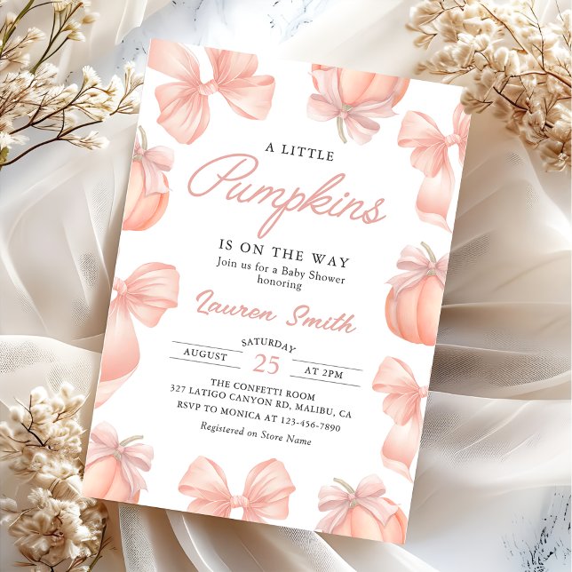 Pink Bow Little Pumpkin on the Way Baby Shower Invitation (Creator Uploaded)