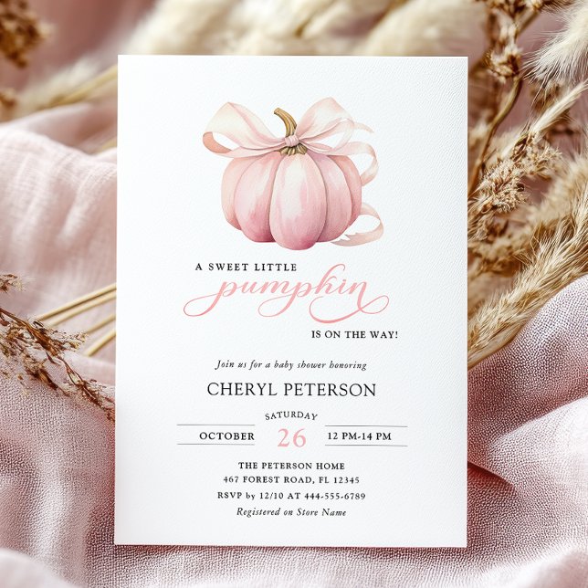 Pink Bow Little Pumpkin on the Way Baby Shower Invitation (Creator Uploaded)