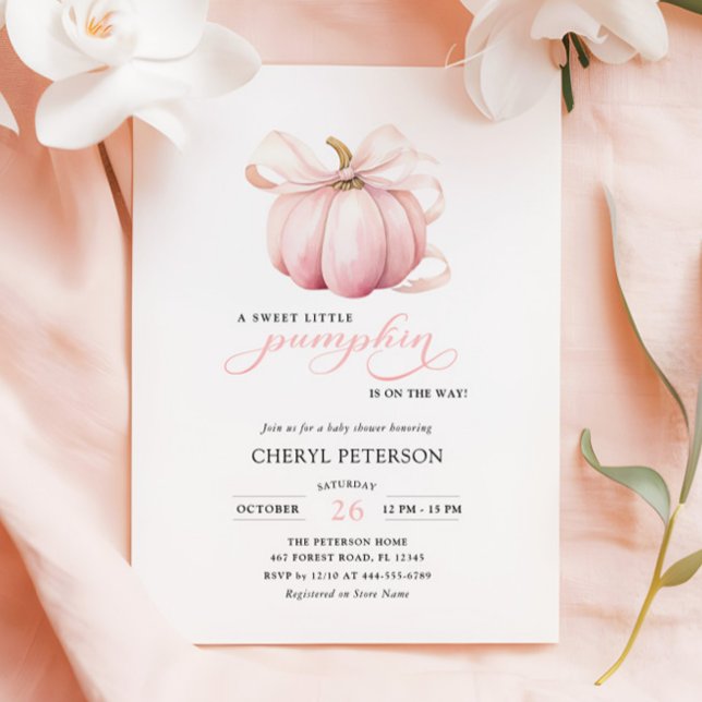 Pink Bow Little Pumpkin on the Way Baby Shower Invitation (Creator Uploaded)