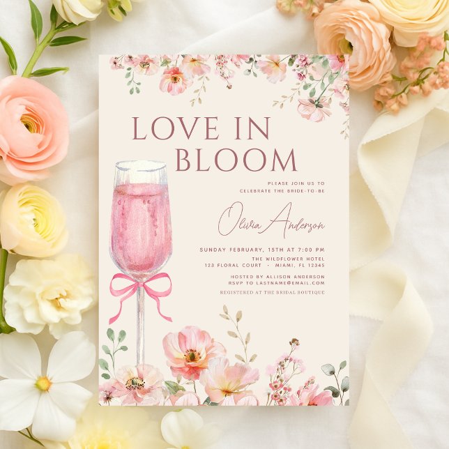 Pink Bow Love in Bloom Champagne Bridal Shower Invitation (Creator Uploaded)