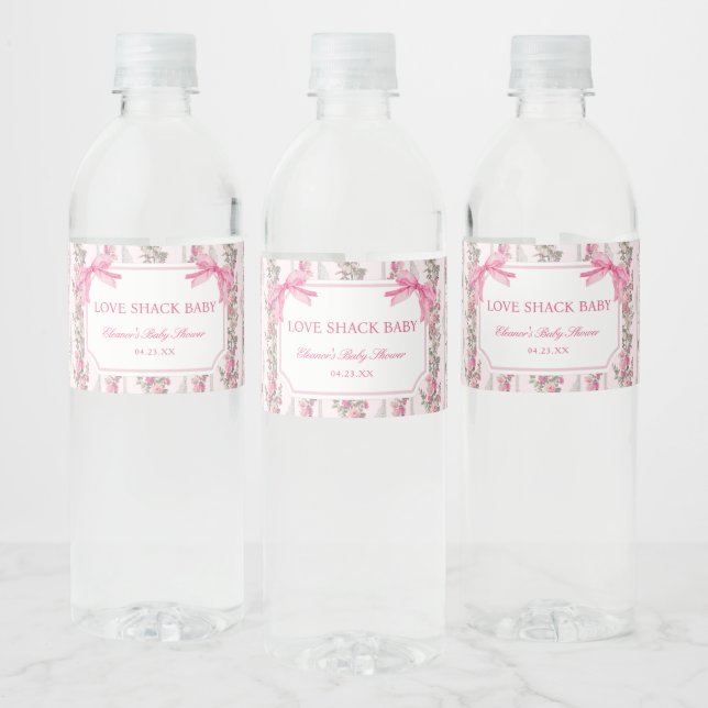 Pink Bow Love Shack Baby Shower Favours Water Bottle Label (Bottles)