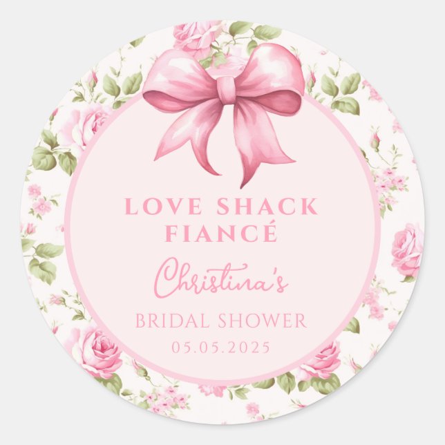Pink Bow Love Shack Fiance Bridal Shower Classic Round Sticker (Front)