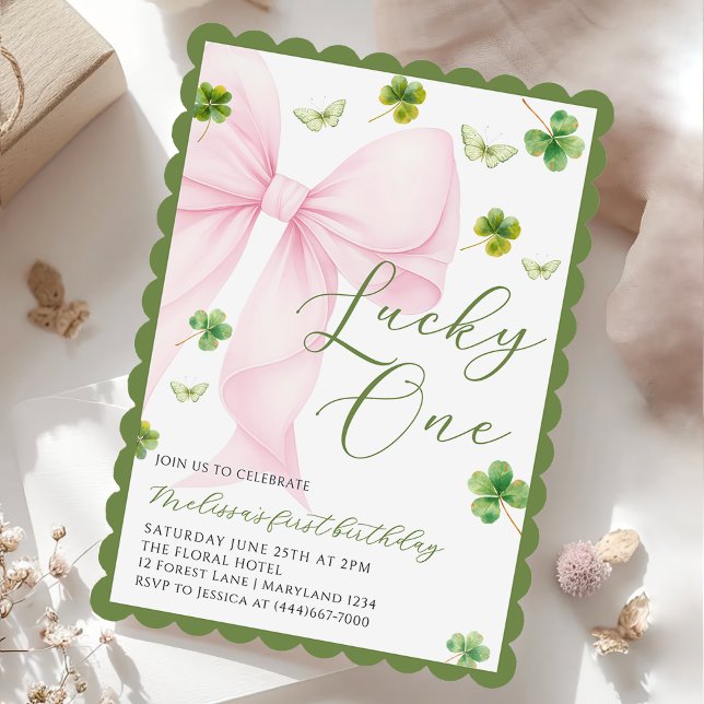 Pink Bow Lucky One Shamrock Clover 1st Birthday Invitation (Creator Uploaded)