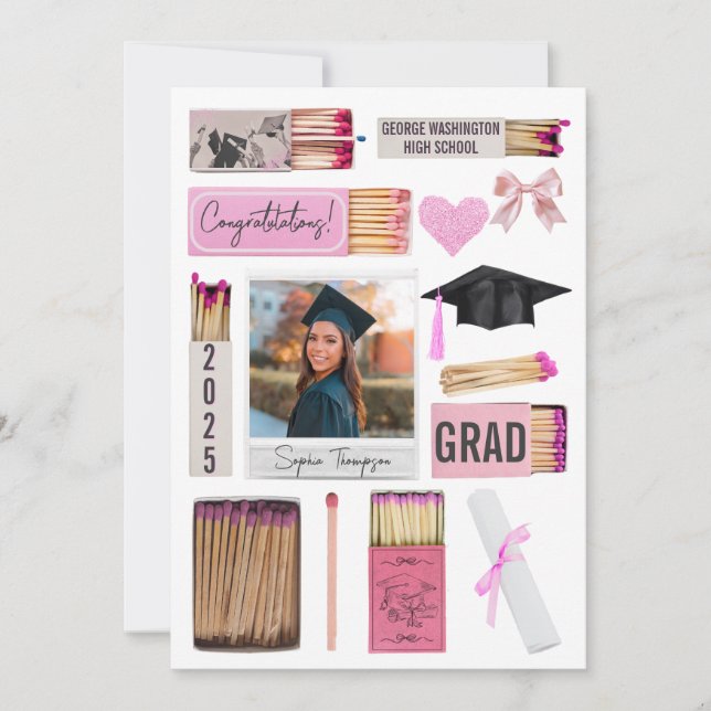 Pink Bow Matchbox Photo Graduation Announcement (Front)