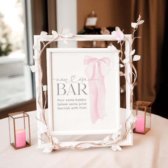 Pink Bow Minimalist Girl Baby Shower Momosa Bar Poster (Creator Uploaded)