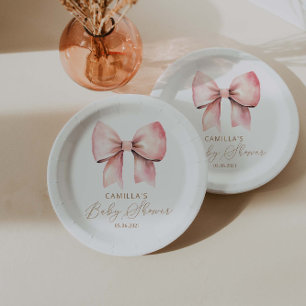 Pink Bow Minimalist Girl Baby Shower Paper Plate