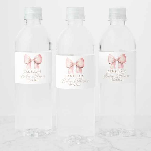 Pink Bow Minimalist Girl Baby Shower Water Bottle Label (Bottles)