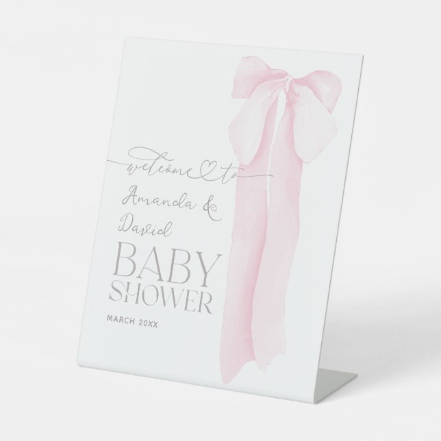 Pink Bow Minimalist Girl Baby Shower Welcome Pedestal Sign (Front)