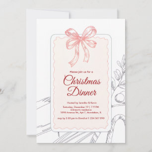 Pink Bow Minimalist Line Art Christmas Dinner Holiday Card