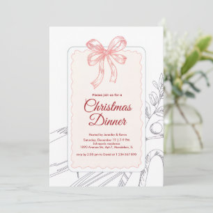 Pink Bow Minimalist Line Art Christmas Dinner  Holiday Card