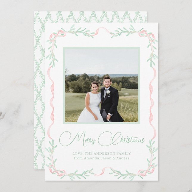 Pink Bow Mistletoe Greenery Christmas Photo  Holiday Card (Front/Back)