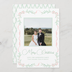 Pink Bow Mistletoe Greenery Christmas Photo Holiday Card