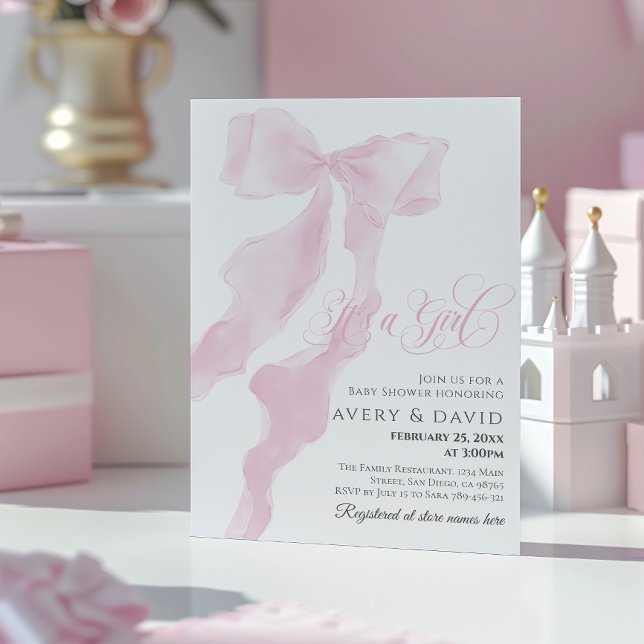 Pink Bow Modern Elegant Girl Baby Shower Invitation (Creator Uploaded)