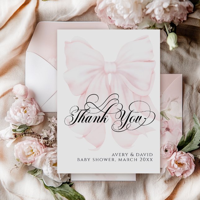 Pink Bow Modern Elegant Girl Baby Shower Thank You Card (Creator Uploaded)
