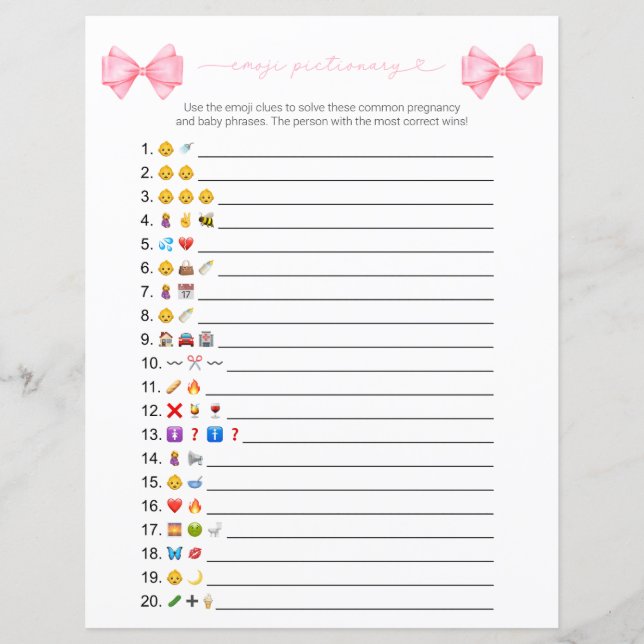 Pink Bow Modern Emoji Baby Shower Game (Front)