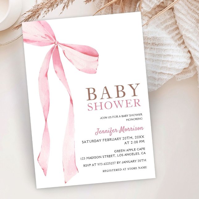 Pink Bow Modern Girl Baby Shower Invitation (Creator Uploaded)