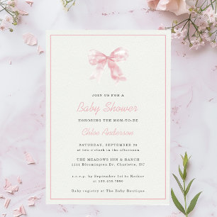 Pink Bow Modern Minimalist Girl Baby Shower Invitation