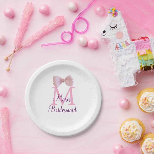 pink bow monogram bridesmaid modern girly rustic l paper plate (Party)