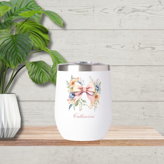 Pink Bow Monogram Coquette Watercolor Flowers (Pink Bow Coquette Aesthetic, Watercolor Florals Bridesmaid Tumbler)