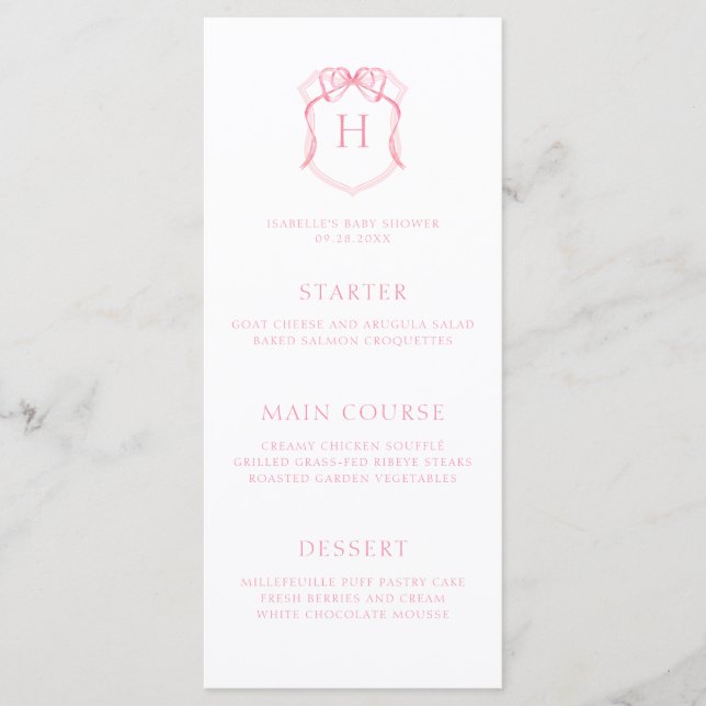 Pink Bow Monogram Crest Baby Shower Menu (Front)