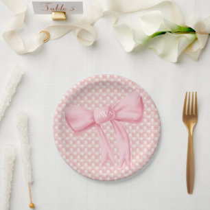 Pink Bow Monogram Heart Paper Plate