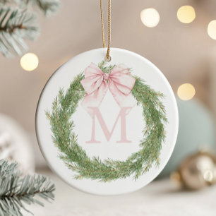 Pink Bow Monogram Wreath Christmas Ceramic Ornament