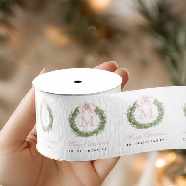Pink Bow Monogram Wreath Christmas Grosgrain Ribbon (Creator Uploaded)