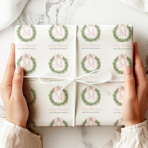 Pink Bow Monogram Wreath Christmas Wrapping Paper