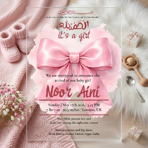 pink bow muslim baby girl birth arrival acrylic invitations