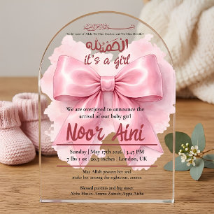 pink bow muslim baby girl birth arrival acrylic invitations
