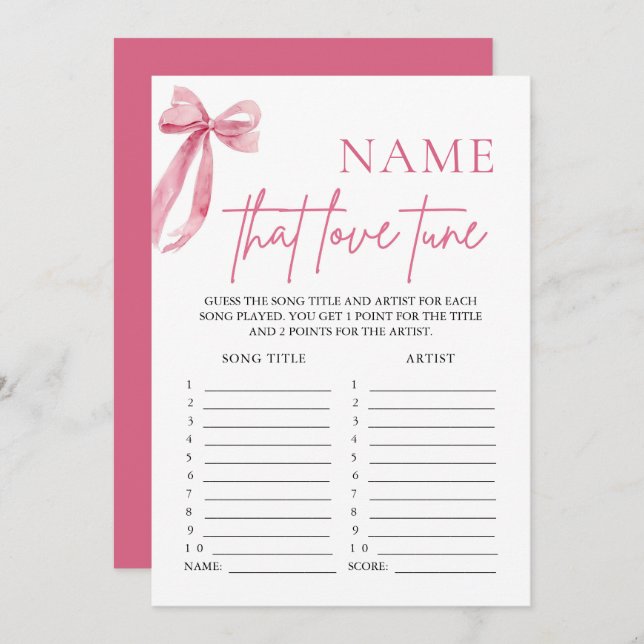 Pink Bow Name That Love Tune Bridal Shower Game Invitation (Front/Back)