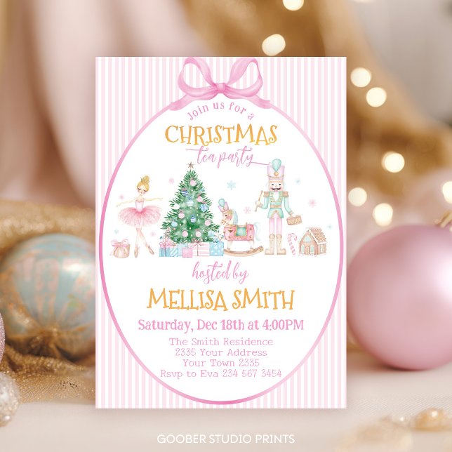 Pink Bow Nutcracker Christmas Tea Party Invitation (Creator Uploaded)