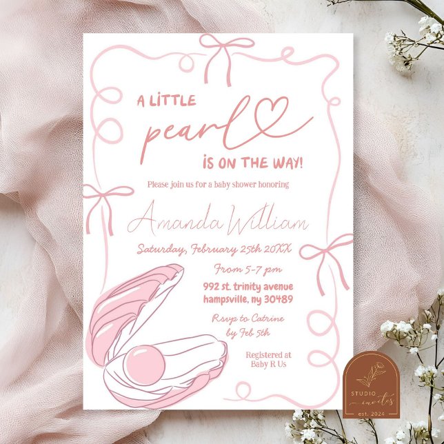 Pink Bow Ocean Little Pearl Girl Baby Shower Invitation (Creator Uploaded)