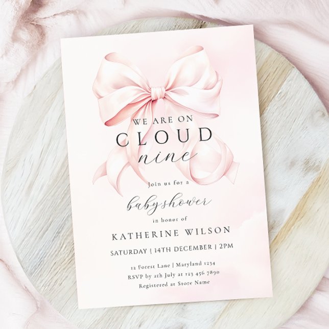 Pink Bow On Cloud Nine Baby Shower Invitation (Creator Uploaded)