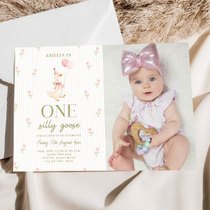 Pink Bow One Silly Goose Floral 1st Birthday Photo Invitation