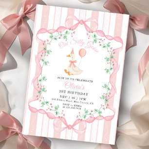 Pink Bow One Silly Goose Floral Girl 1st Birthday Invitation